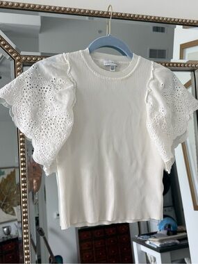 Lucy Paris Cream Ribbed Top with Eyelet Flutter Sleeves